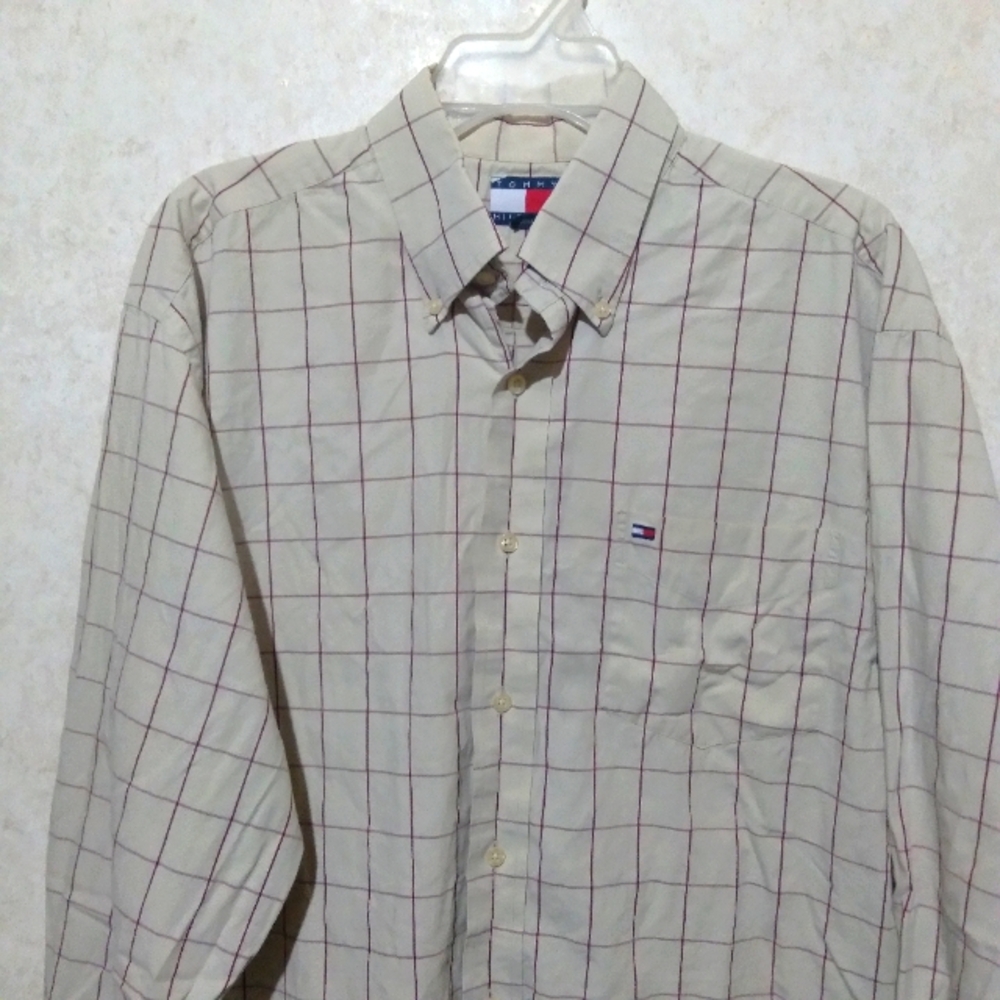 Tommy Hilfiger size large red and cream button up long sleeve shirt